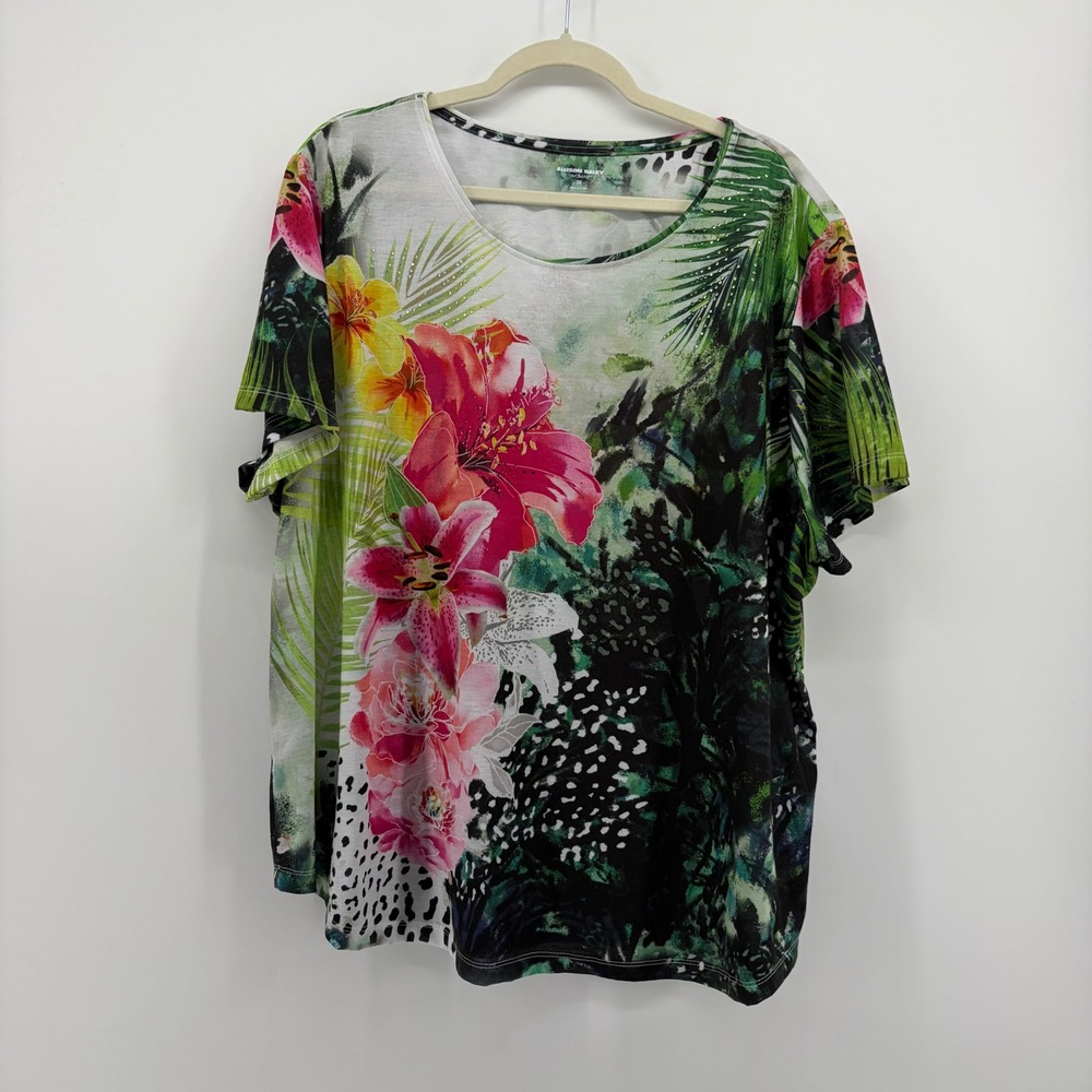 Allison Daley Womens 3X Multicolor Tropical Floral Short Sleeve Rhinestone Top